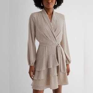 EXPRESS Polka Dot Collared Long Sleeve Tie Waist Tiered Mini Dress